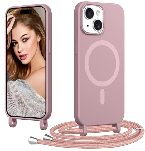 Coiwxmoi pour iPhone 15 avec Cordon, [Compatible avec MagSafe], Rose | Magnétique Coque Ultra Mince Souple TPU Silicone Étui Housse avec Collier Lanyard Lanière en Corde Case Camera Antichoc