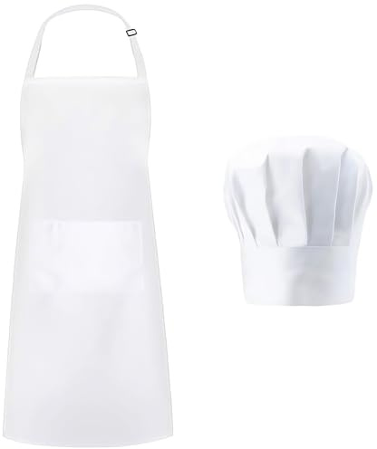LifgWas Tablier de cuisine blanc avec toque de chef respirante, imperméable et oléophobe, réglable, avec deux poches pour la cuisine et la pâtisserie, tablier blanc pour hommes et femmes