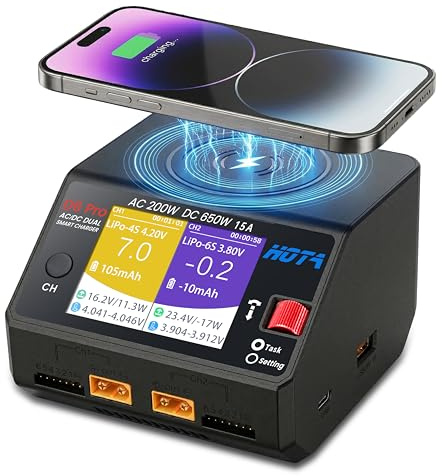 HOTA D6 Pro Lipo Ladegerät Dual Kanal 15A AC200W/DC650W für 1-6S LiPo NiMH Pb-Akku,Smart Balance Ladegerät mit Drahtlosladen & USB für RC Auto Boot (Schwarz)