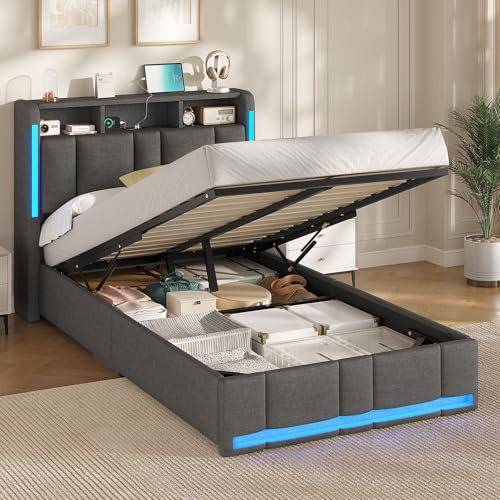 AOGLLATI Polsterbett 90×200 mit Steckdosen & LED Beleuchtung, Doppelbett 90x200 mit Stauraum Kopfteil & Hydraulischem Stauraum, Bettgestell mit Lattenrost, Jugendbett, Linen, Ohne Matratze, Dunkelgrau