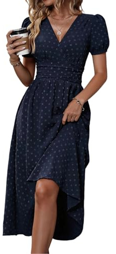 HUXRAKV Casual Wrap Summer Dresses for Women UK Elegante Ladies V Neck Lantern Sleeve Ruffled Waist Maxi Dress Boho Beachdress,51-Navy Blue,L