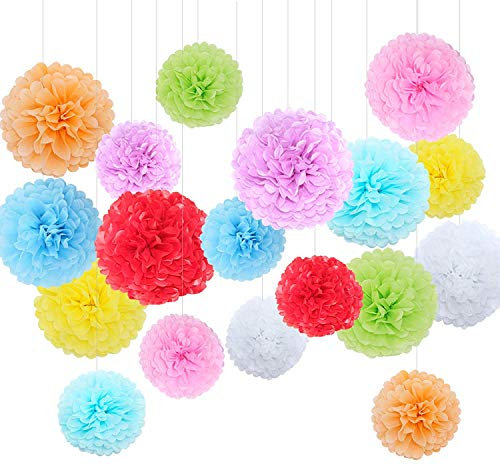 Himeland 18x Seidenpapier Farbig Pompons Set als Geburtstag Kindergeburtstag Hochzeit Gartenparty Dekoration