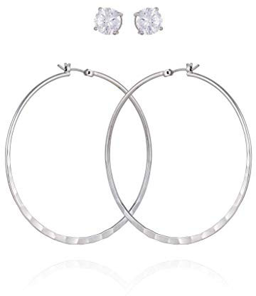 GUESS Damen 8 mm Creolen mit runden CZ Ohrstecker Duo Ohrringe Set, Einheitsgröße, Kristall, Zirkonia