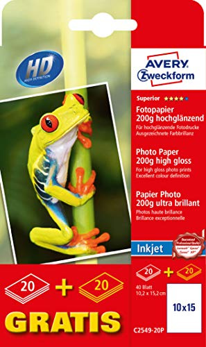 Avery Zweckform Art. C2549-20P Everyday Inkjet Fotopapier (50 Blatt, 200 g/m², 10x15cm, glänzende Fotokarten, einseitig beschichtet, sofort trocken & wischfest, Fotoblätter für Inkjet-Drucker) weiß