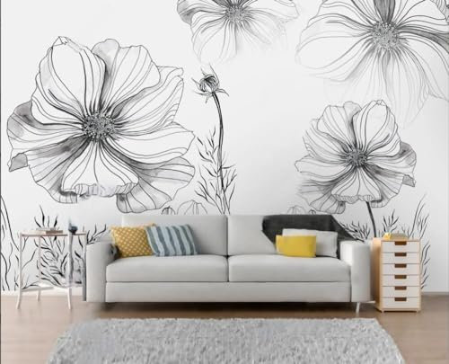 STROXTH WALLPAPER Papier Peint Tropical Panoramique Sur Mesure Soie Fleur Noir Et Blanc 3d Esquisse Dessiné Main Minimaliste Pivoine Floral Adulte Enfant Salon Chambre Poster Geant Mural