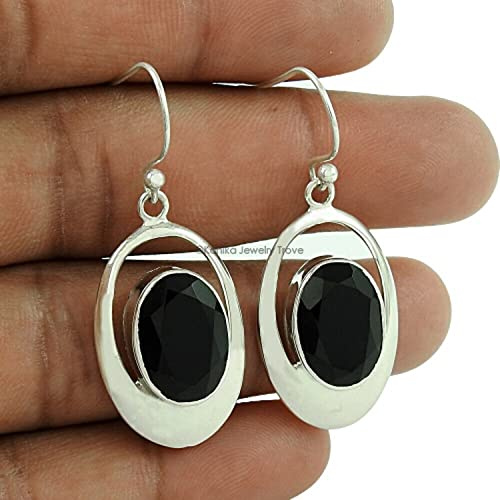 925 Sterling Silber Handmade Dangle Hook Ohrringe, Ellipse Natural Black Onyx Edelstein Damen Schmuck