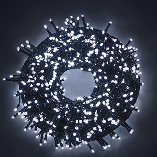 Luccika stringa natalizia con luci a led su cavo verde per uso interno ed esterno controller 31V con 8 giochi di luce e memoria (Bianco Ghiaccio, 50 Metri con 1000 Led)