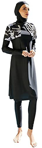 OBEEII Muslimischer Badeanzug Konservativer Bademode Burkini Frauen Von Hijab Swimwear Islamischer Top + Hose + Turban Modest Muslimisches Badeanzug Set Schwarz04 XL