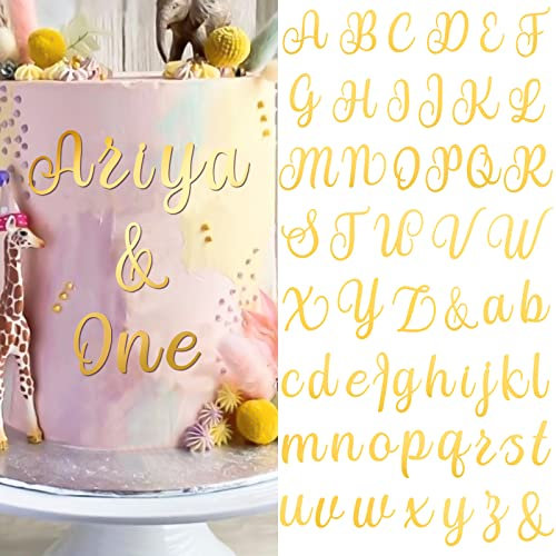 54pcs Letters Cake Topper Acrylic Mirror Birthday Cake Decoration Uppercase Lowercase Swash Letters Alphabet A-Z Gold for Birthday Party Mariage Graduation DIY Cake Supplies