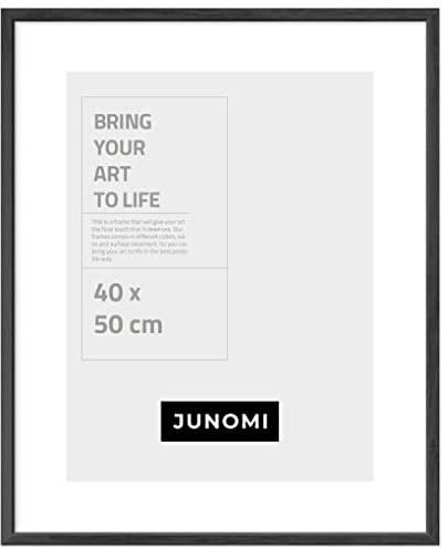JUNOMI® Cadre photo 40x50 cm bois | Couleur Noir | Cadre affiche avec verre acrylique incassable | Pour montage mural vertical et horizontal, profil fin