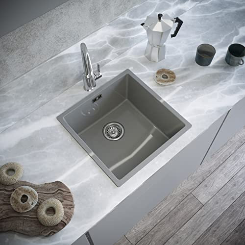 Excel Home Kitchen Sink with Strainer & Overflow - Luxurious Single Bowl Kitchen Sinks Made of Pressed Material - Scratch Resistant & Simple to Keep Clean – Hygienic & Sound Absorbing (Gloss Grey)