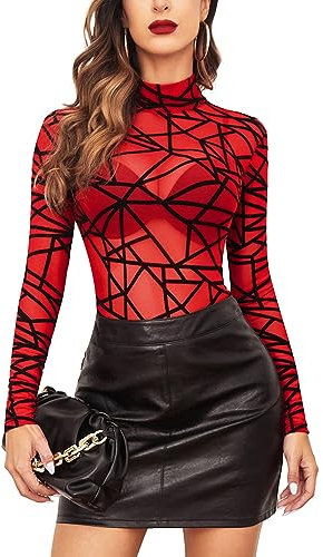 Avidlove Damen Body Sexy Bodysuit Elegant Mesh Top Langarm Formende Bodys Rollkragen Oberteil Dessous Babydoll Rot XL