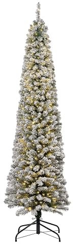 Celebright 6ft/180cm Flocked Christmas Pencil Tree Prelit with 300 Warm White and Multicolour LED Lights - 11 Light Functions, Foot Pedal, & Snowy Effect