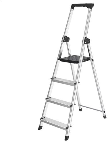 IVOL Échelle domestique 4 marches argentées et noires avec plateau à outils Charge max. 8 kg – Échelle 4 marches Poids seulement 5,5 kg – Disponible en 3 hauteurs différentes