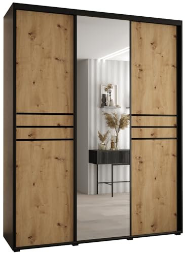 MEBLE KRYSPOL Davos 11 190 Schrank mit DREI Schiebetüren für Schlafzimmer - Moderner Schrank mit Spiegel, Kleiderstange und Regalen - 235,2x190x60 cm - Schwarz Artisan Schwarz