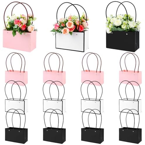 12Pcs Rectangular Flower Arrangement Bags - Kraft Paper Packaging, Waterproof Carrying Boxes With Handles for Birthday, Wedding, Party, Valentine's Day (Black, Pink, White)