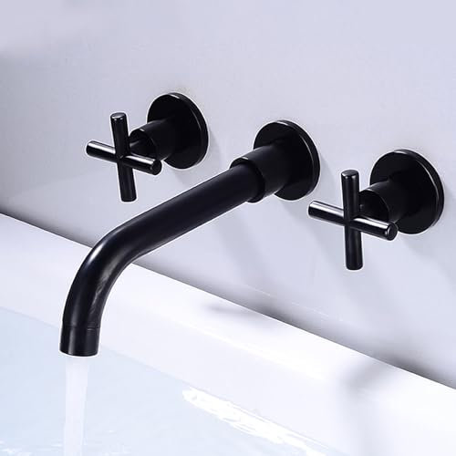 XJTNLB Wasserhahn Wand Bad Unterputz Waschtischarmatur aus Messing, Armatur Waschbecken Schwarz,Kreuzgriff
