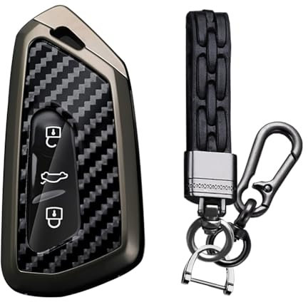 TECART Smart Autoschlüssel Hülle Cover Passt für VW Golf 8 R ID.4 Atlas Multivan T7 Seat Leon MK4 Octavia A8 Enyaq PVC Schlüsselanhänger Keyless Go Schutz 3 Taste Kohlefaser B Schwarz