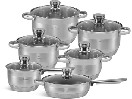 Edenberg 12-tlg Edelstahl-Topfset, mit Bratpfanne, Induktionstopfset, beschichtete Töpfe, Kochtopfset| Kochtopfset, Induktionstopfset geeignet EB2001m
