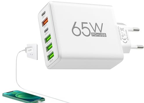 USB-Multiport-Ladegerät, Port-USB-Ladestation | 6-Port-Ladestation | 65 W 4 USB-Anschlüsse, 2 Typ-C-Anschlüsse, Wandladestecker-Adapter, schneller Wandstecker, tragbare Ladestation