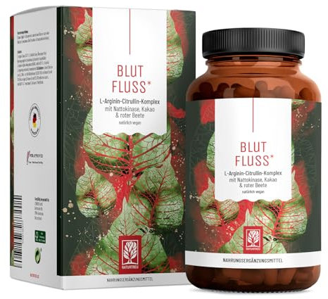 NATURTREU® Blutfluss Nattokinase-Kapseln mit Citrullin & hochdosiertem L-Arginin - Komplex aus L-Arginin Base, L-Arginin (AAKG), L-Arginin HCL - 180 vegane Kapseln in Deutschland hergestellt & geprüft