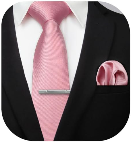 HISDERN Cravate de mariage de couleur unie Rose poudré et pochette de costume, ensemble de pinces à cravate classiques pour hommes-plusieurs couleurs