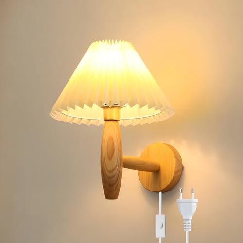 niuniaj Applique Murale Interieur avec Interrupteur et Prise câble,Applique Murale Bois Avec abat-jour,Lampe Murale E27,Luminaire Mural pour Chambre Salon Couloir Chambre Enfants(Sans Ampoules)