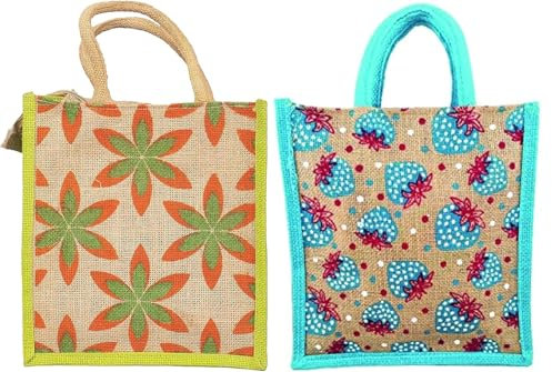 EliteKoopers Borsa in iuta con cerniera, piccola borsa per pranzo o regalo (design e colore casuali), Multicolore, Small Jute Bga