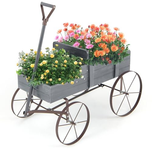 HOMASIS Carriola da Giardino in Legno, Carretto per Piante con Ruote Metalliche e 2 Scomparti, Vaso a Forma di Monociclo Decorativo per Giardino, Terrazza, Patio, 63x35x62,5cm (Grigio)