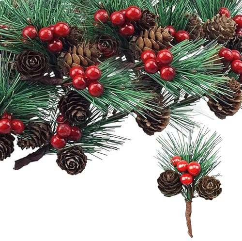 20 Stück Künstliche Tannenzweige mit Beeren und Tannenzapfen Weihnachtsdeko Set,Rote Beeren Tannenzapfen Zweige für Weihnachten,Adventkranz,Basteln,Winterurlaub,Kränze und Gestecke Dekoration