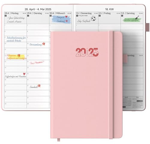 JAYSOO® Kalender 2025 Wochenplaner 21x14.5cm Tageplan und Stundenplan, 12 Monate Terminplaner Hardcover (Jan.-Dez.2025) für Arbeit, Lernen und Familienplan - Rosa