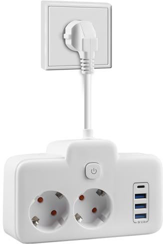 Regleta de 2 enchufes con USB, doble enchufe para enchufe, regleta con interruptor, adaptador de enchufe de pared, regleta con 4 USB, enchufe de distribución con USB e interruptor, color blanco