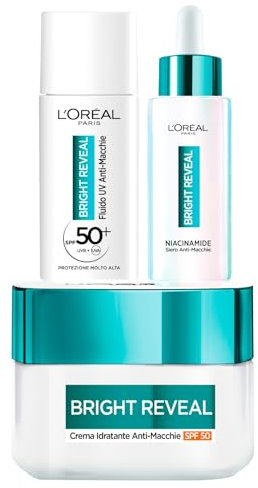 L'Oréal Paris Bright Reveal Anti-Flecken-Kit mit Feuchtigkeitscreme SPF50 50 ml + UV-Flüssigkeit SPF50 50 ml + Gesichtsserum 30 ml – 3er-Set