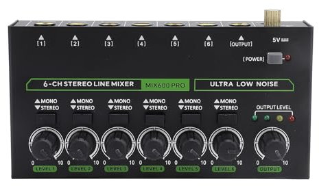 VBESTLIFE Stereo-Soundmixer, 6-Kanal-Stereo-Kopfhörer-Splitter, Tragbarer DJ-Controller-Soundmixer, für Keyboards, Kleine Bühnen-Setups, Drum-Racks oder Sub-Mixing (EU-Stecker 100–240 V)