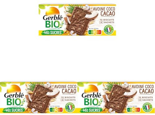 Gerblé BIO - Biscuits Avoine Coco Cacao - Réduits en Sucres - Pauvres en Acides Gras Saturés - Riche en Fibres - Sans Huile de Palme - 4 Sachets de 3 Biscuits - 1 Boîte 132 g (Lot de 3)