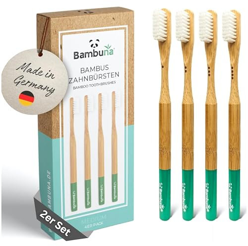 BAMBUNA Bambus Zahnbürsten 2x 4er Set mittelweich mit dezenter Kennzeichnung - Zahnbürste plastikfrei - Zahnbürste aus Bambus mit Borsten aus Rizinusöl - plastikfreie Zahnbürste - Made in Germany