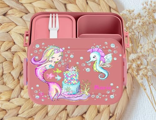 wolga-kreativ personalisierte Mepal Brotdose rosa Meerjungfrau Seepferdchen - Lunchbox mit Fächern und Namen Kindergarten Schule Einschulung
