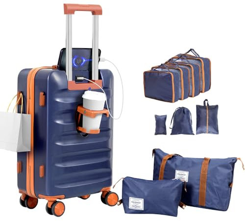 YANQIAO 20” Luggage, Airline Certified Luggage, Carry-on Luggage with Cup Holder and USB Port, Suitable for Business, Traveling, Blue, 10 Piece set, Traveling
