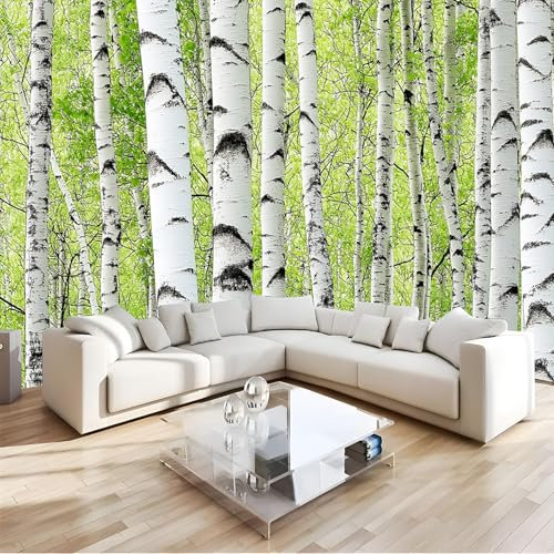 3D Birkenwald Fototapete Wandbild - Grüne Blätter Wanddeko - 350 x 256 cm (B x H) Wandtapete Fotoplakat für Wohnzimmer, Küche, Schlafzimmer - Wandkunst