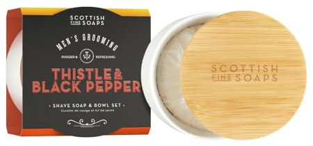 Scottish Fine Soaps Rasierseife & Schüssel Set für Herren mit Distel & schwarzem Pfeffer – feuchtigkeitsspendende Rasierseife mit Distelöl in wiederverwendbarer Schale