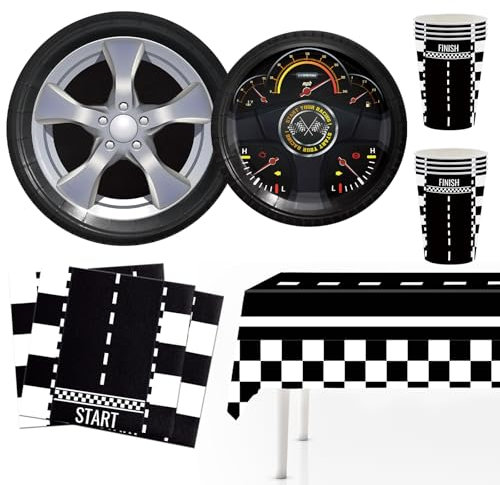 MORAINJAY Ensemble de Vaisselle Fête Pneus 51 Pièces, Assiettes, Tasses, Serviettes, Accessoires de Fête Voiture, Décoration de Table pour Anniversaire Automobile