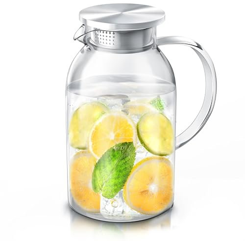 Arendo - 2.3L Glaskaraffe mit Deckel aus Edelstahl – Karaffe aus Glas - hitzebeständig bis +150°C – 2 Liter – Wasserkaraffe Hitze- und kältebeständig