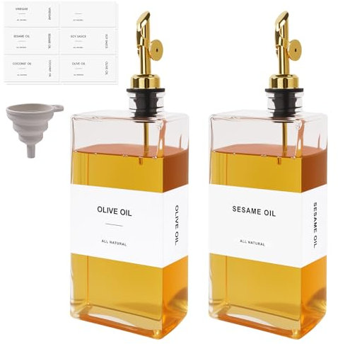 Otauoaea Lot de 2 Bouteille Huile 500ml Distributeur Huile d'Olive,Verseur Huile d'Olive Carré,Automatique Bouteille Huile et Vinaigre pour Cuisine - Avec étiquettes et Entonnoir