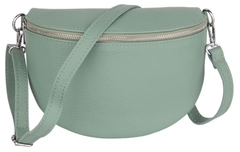 MIRROSI Damen Bauchtasche aus Echtleder, Made in Italy. Als Umhängetasche, Brust- oder Schultertasche tragbar, 26x20x8 cm, Reißverschlussfach hinten. (Mint Basic Version)