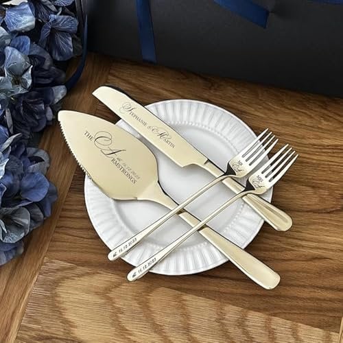 Personalized Wedding Cake Set Custom Engraved Silver Pie Pastry Cutting Kit Housewarming Keepsake for Couple Forks, Knife Sliver
