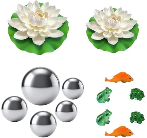 inkihuit Miniteich Deko Set, Schwimmkugeln für Miniteich, Klein Garten Teiche Deko, 6 Schwimmkugeln, 2 Lotusblüte, 2 Koi Karpfen, 4 Mini Frosch, Teich Dekoration Gartendekoration