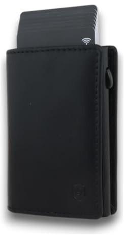 AKAROA – Kartenetui Slim Wallet Herren Rindsleder Pelle2 – Popup Cardholder mit Kartenauswurf & Münzfach 7x10cm - Geldbeutel mit RFID-Schutz - Mit Schein- & Kartenfächern, Magnetverschluss – Schwarz