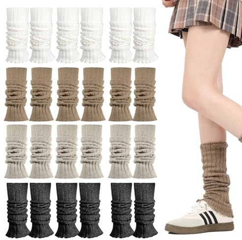 Uoxmiy 12 Pairs Black Leg Warmers, Knitted Leg Warmers Ladies, Soft and Cosy, Ankle Warmers for Ballet Dance Skating Yoga (Black, White, Brown, Grey)