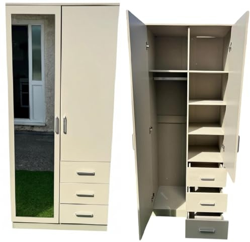 2 Door Mirrored Wardrobe with 3 Combo Drawer High Gloss Light Grey Wardrobe with 3 Shelves & Hanging Rail Space-Saving Bedroom Furniture180x80x50 cm
