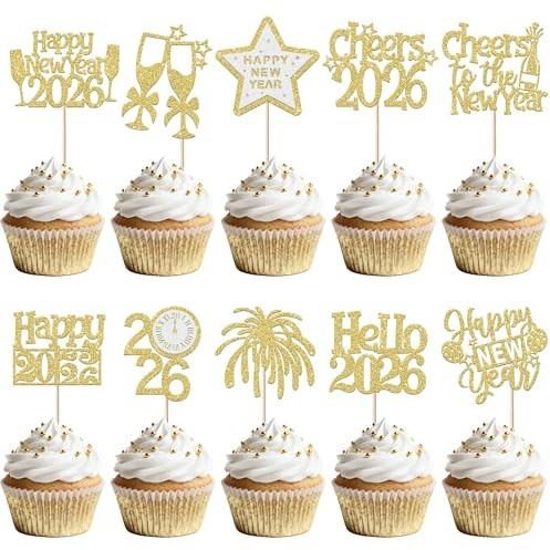 30 Packung Happy New Year 2026 Cake Topper Hallo 2026 Geburtstag Tortendeko Kuchen Deko Cupcake Toppers Party Happy New Year Tortendeko Cupcake Toppers für Neujahrsdeko Kuchen Dekoration Gold